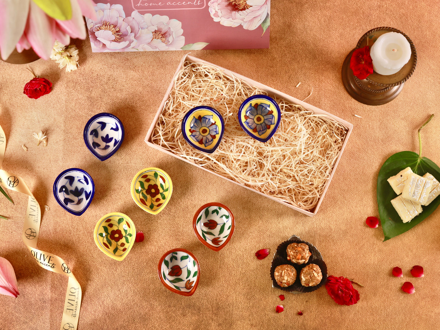 Handpainted Colourful Flower Blue Pottery Diyas Gift Hamper