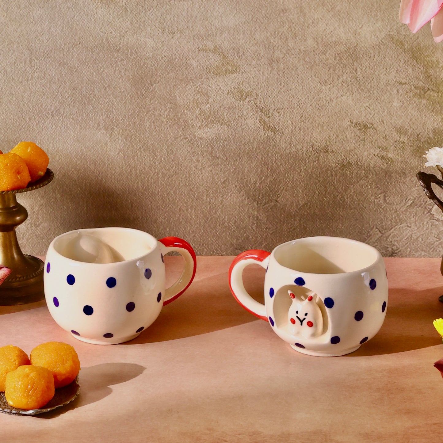 Pixie 4D Blue and Red Bunny Polka Mugs - Set of 2