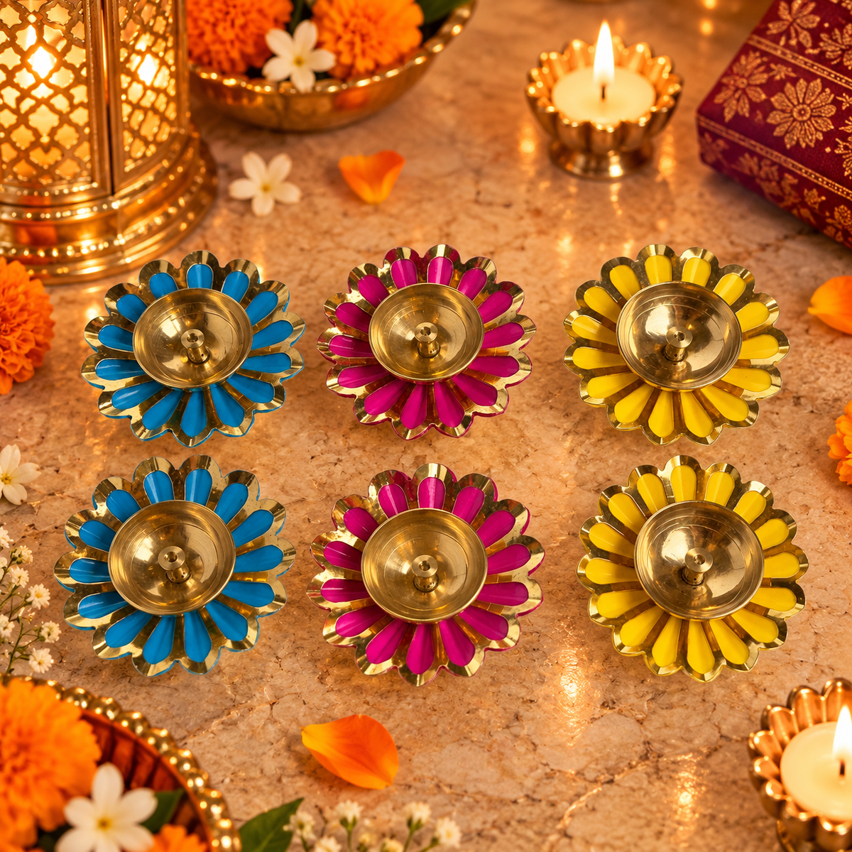 Colourful Brass Diyas - Set of 6