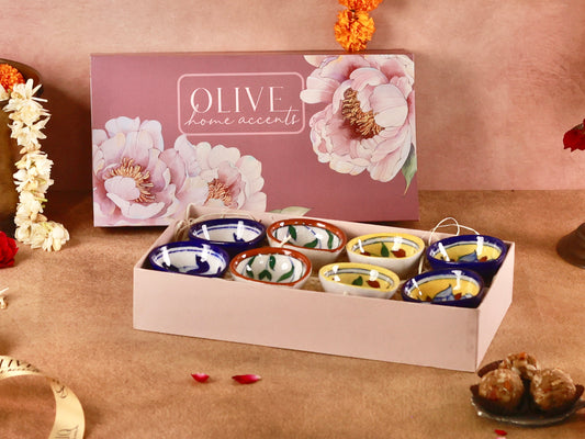 Handpainted Colourful Flower Blue Pottery Diyas Gift Hamper