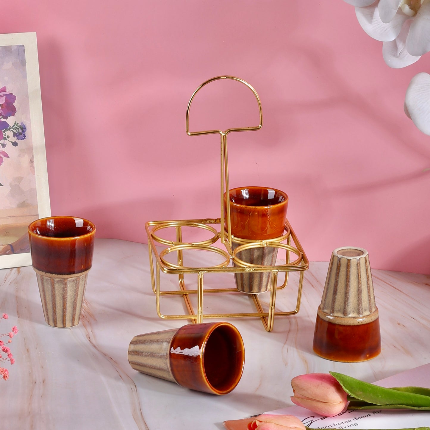 4 Chai Glasses with Golden Stand Set - Brown