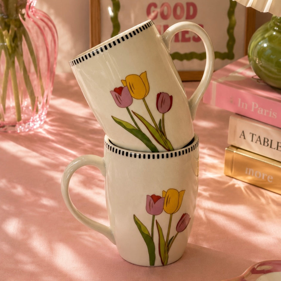 Tulip Botanical Printed Mugs - Set of 2
