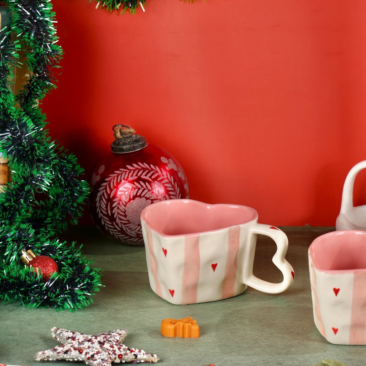 Handmade Pink Stripes Heart Shaped Mugs - Set of 2