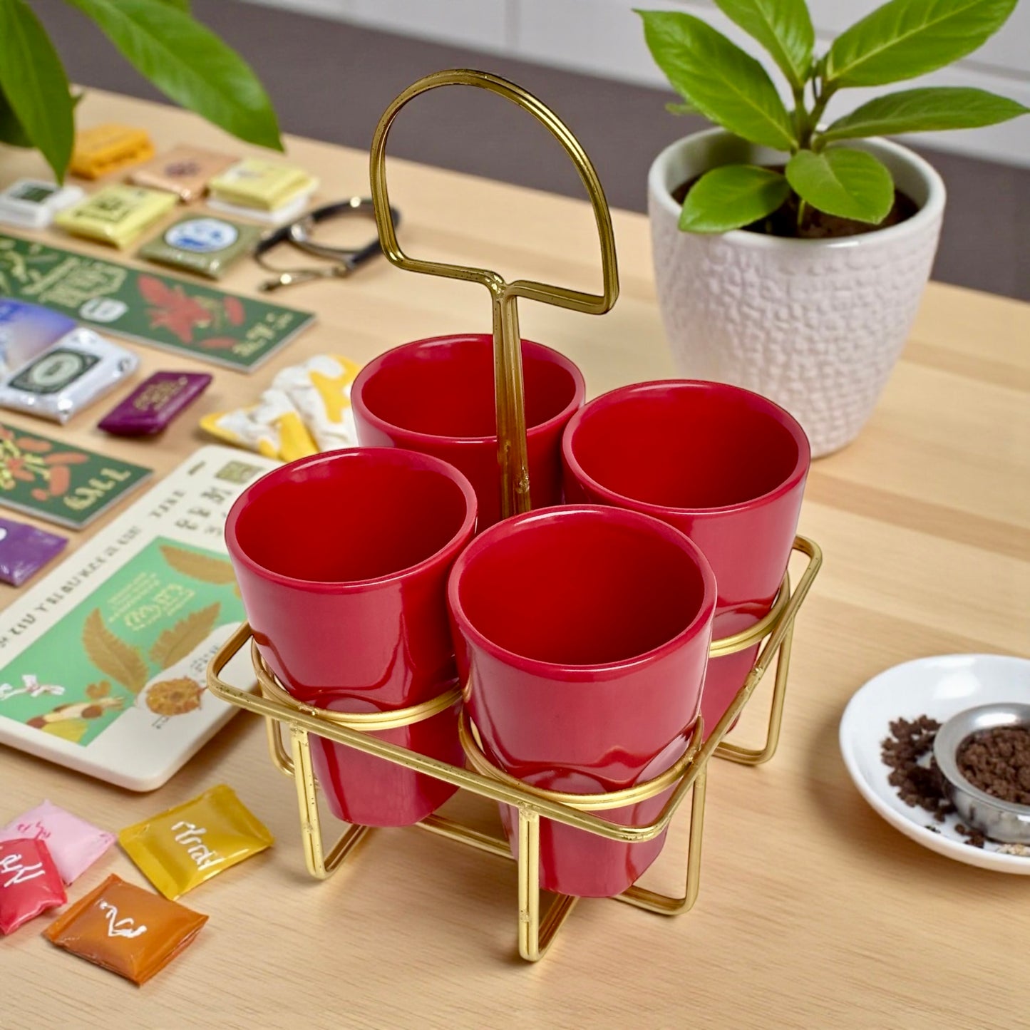 4 Red Chai Glasses with Golden Stand Set