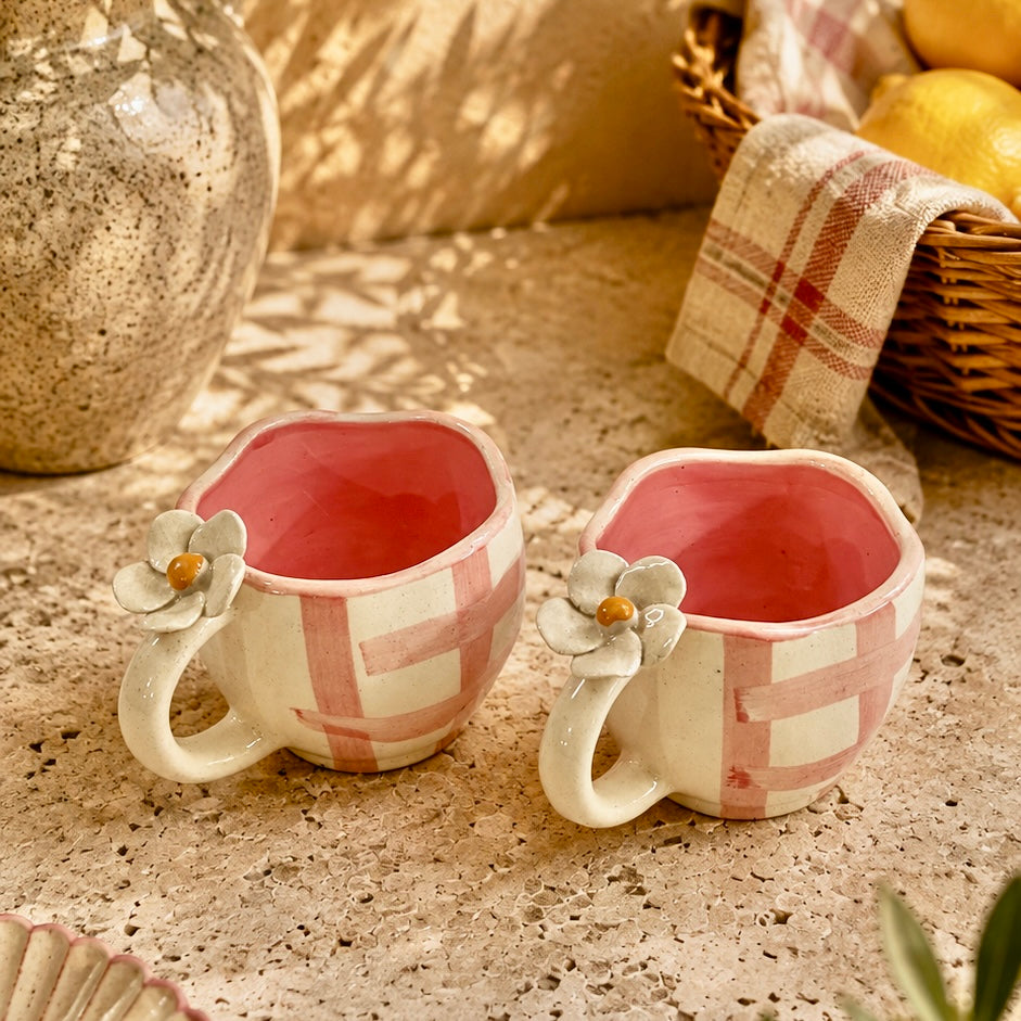 Pixie Pink 4D Plumeria Checkered Mugs - Set of 2