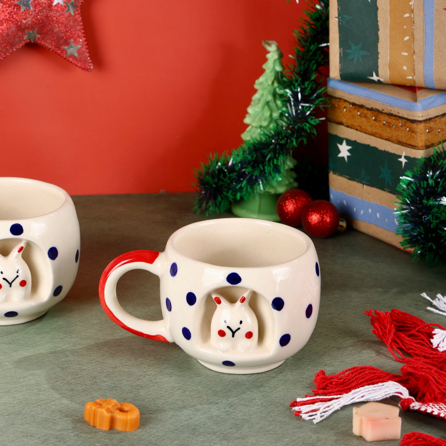 Pixie 4D Blue and Red Bunny Polka Mugs - Set of 2