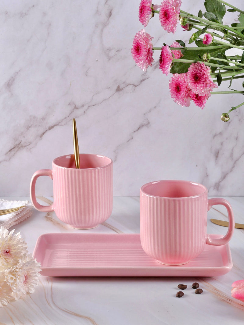 Bella Pink Ribbed Tray with 2 mugs