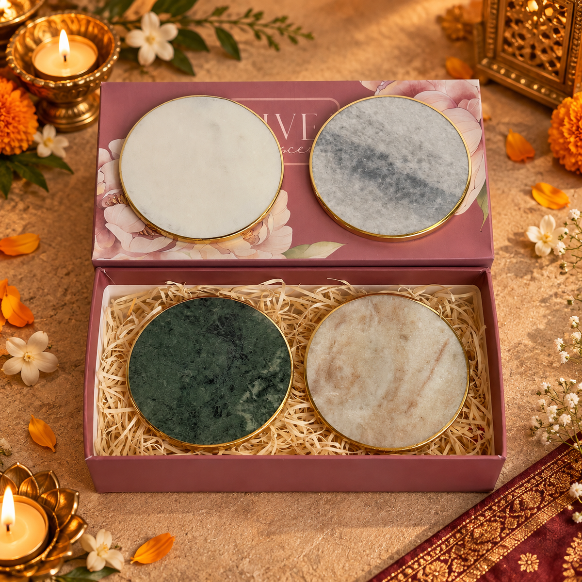 Saanjh - Luxe Marble Coasters with Brass Rim