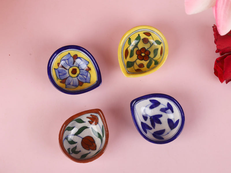 Handpainted Colourful Flower Blue Pottery Diyas