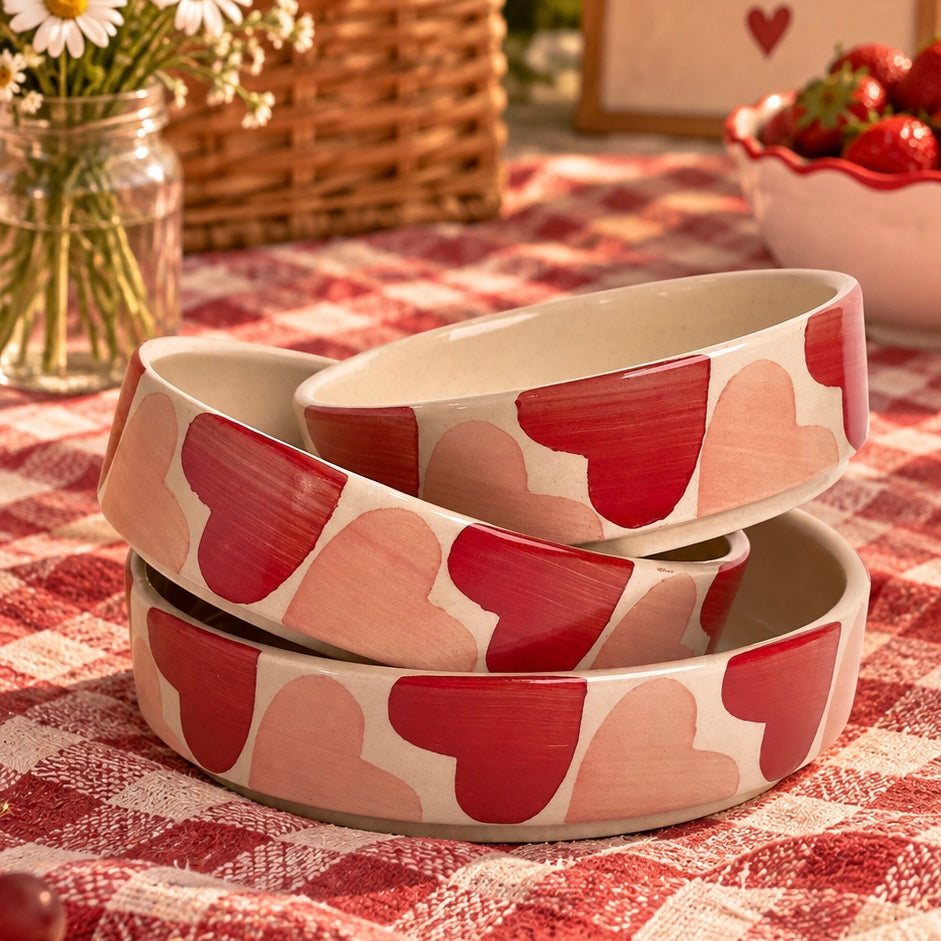 Retro Heart 3 Piece Nesting Flat Bowl Set