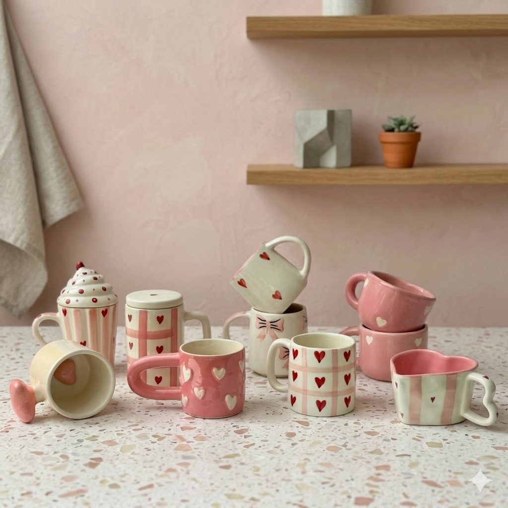Set of 10 Statement Pink Heart and Bow Mugs