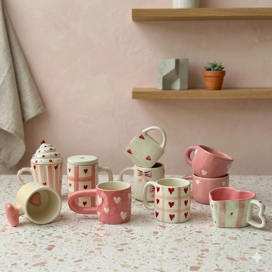 Set of 10 Statement Pink Heart and Bow Mugs