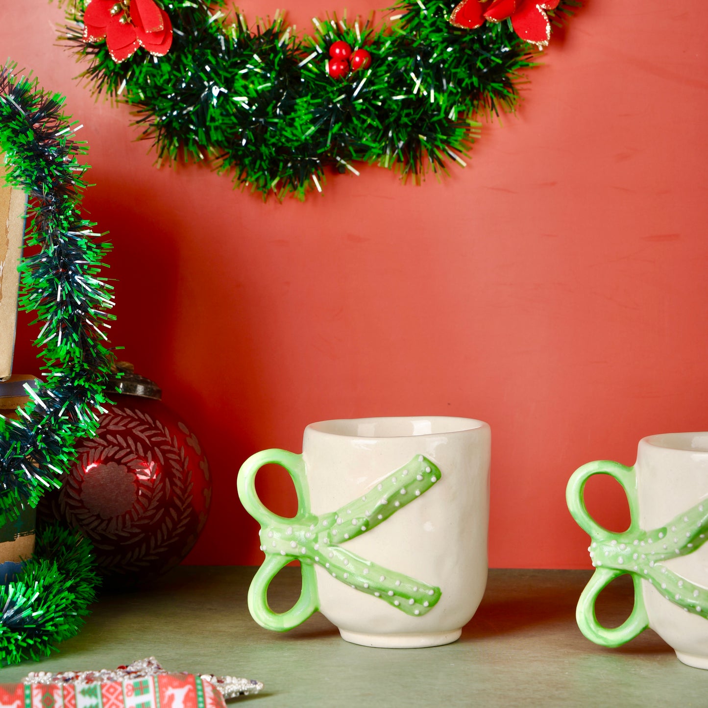 Coquette Handmade Green Bow Polka Mug - Set of 2