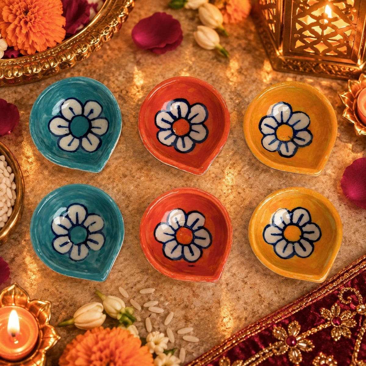 Handpainted Ceramic Diya - Pack of 6