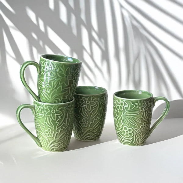 Holly Embossed Green Mugs - Set of 2