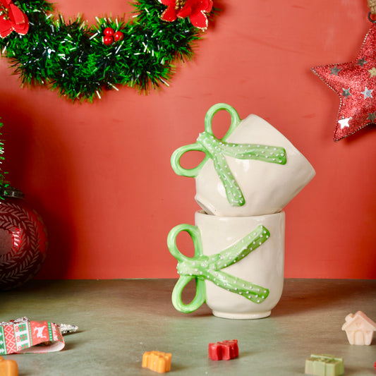 Coquette Handmade Green Bow Polka Mug - Set of 2