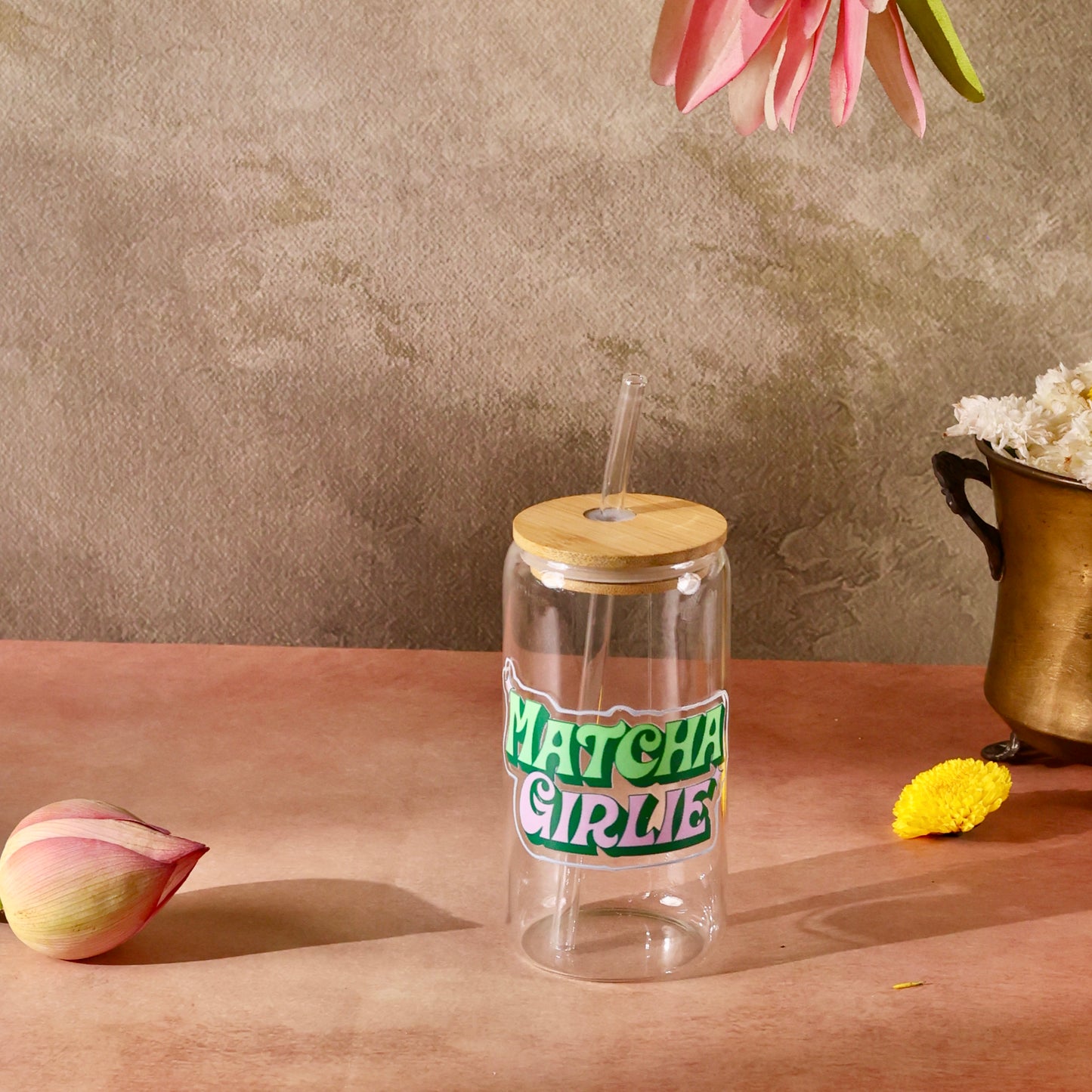 Matcha Girlie Ophelia Glass Sipper - with UV DTF sticker