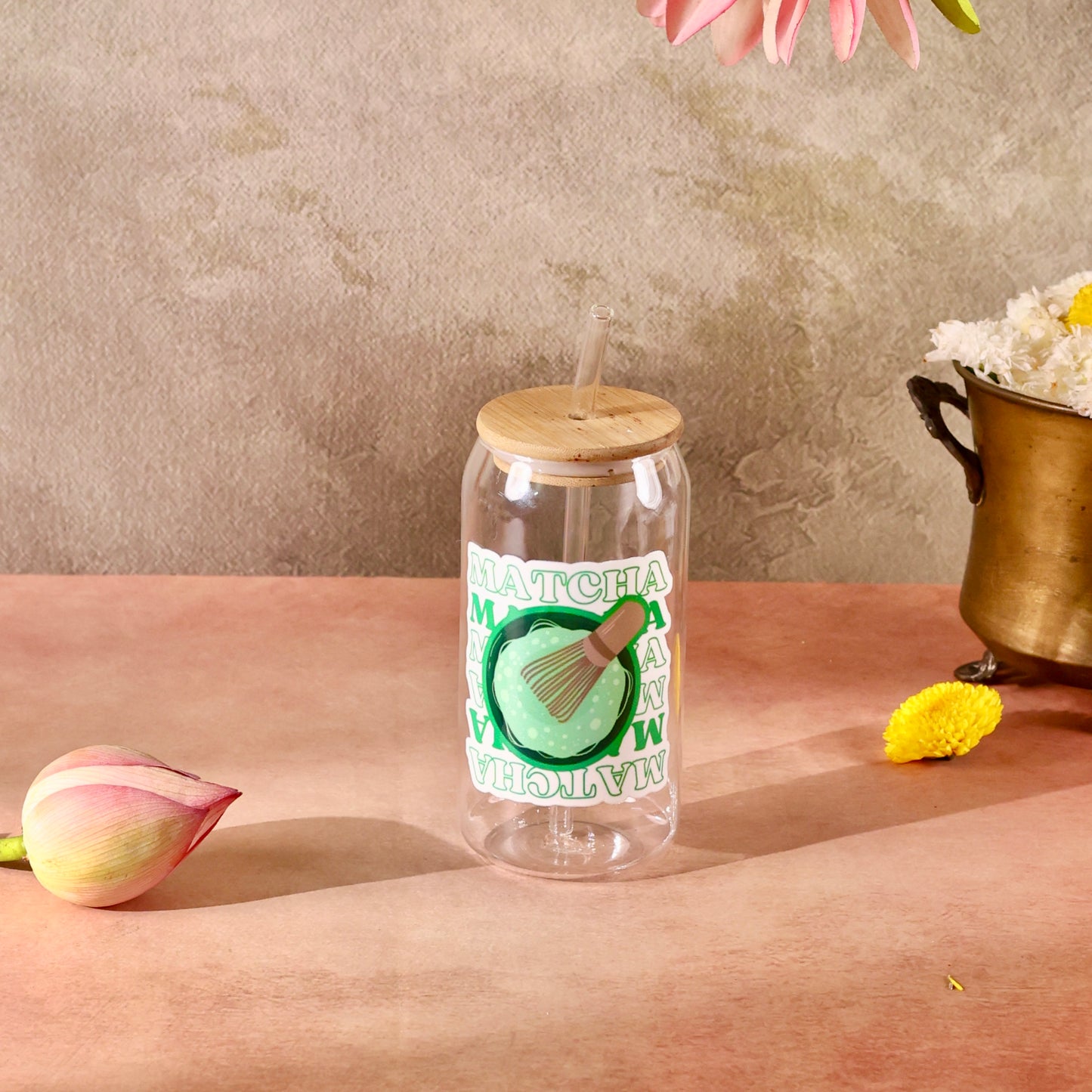 Matcha Whirl Ophelia Glass Sipper - with UV DTF sticker