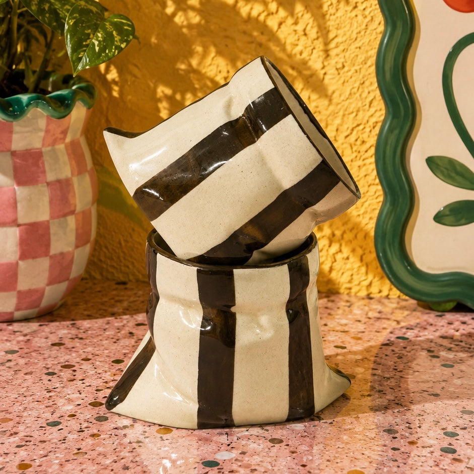 Handmade Bold Stripes Slouchy Handleless Mugs Small
