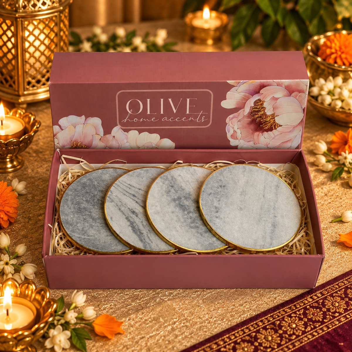 Saanjh - Luxe Marble Coasters with Brass Rim