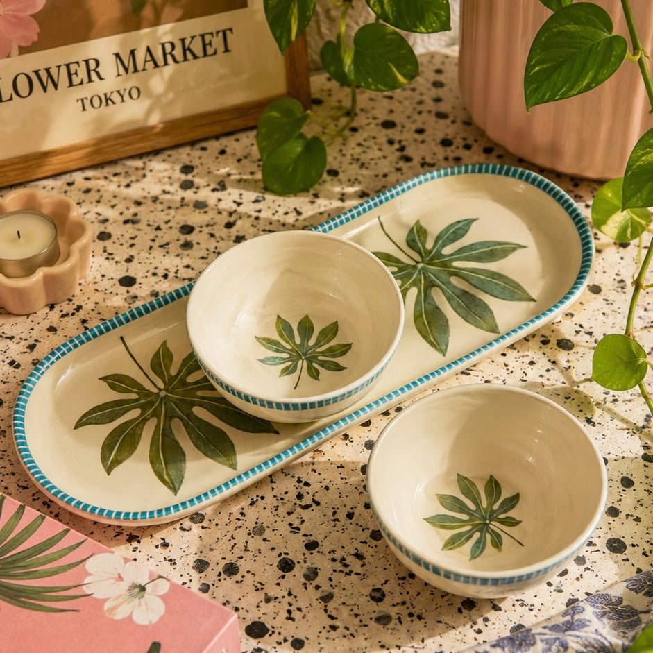 Willow Crest Printed Oval Platter Snack Set with 2 Bowl