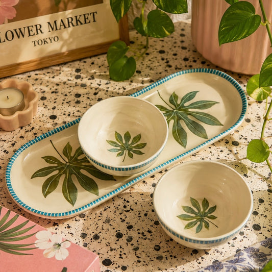 Willow Crest Printed Oval Platter Snack Set with 2 Bowl