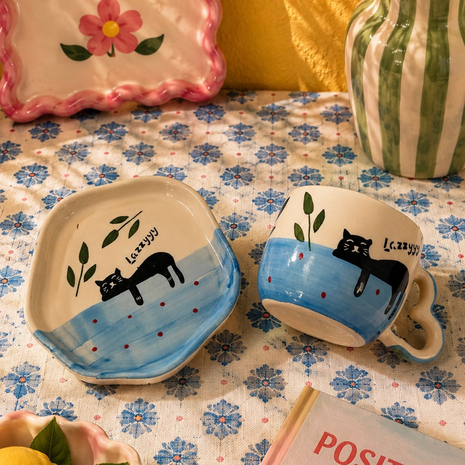 Lazzyyy Cat Duo Cup and Snack Plate