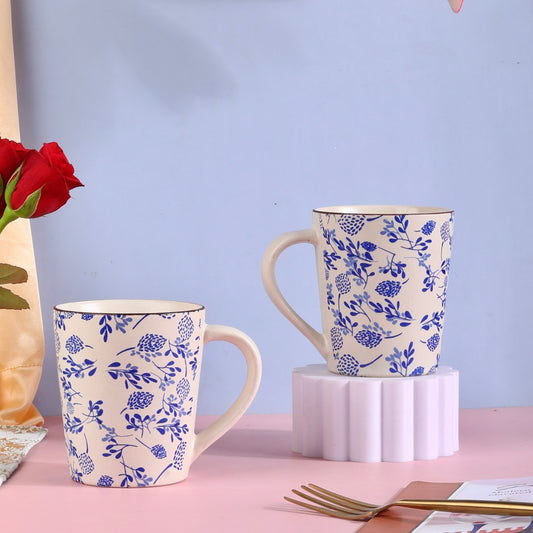 Phool Bagh Printed Stoneware Mugs - Muted Pastel and Indigo