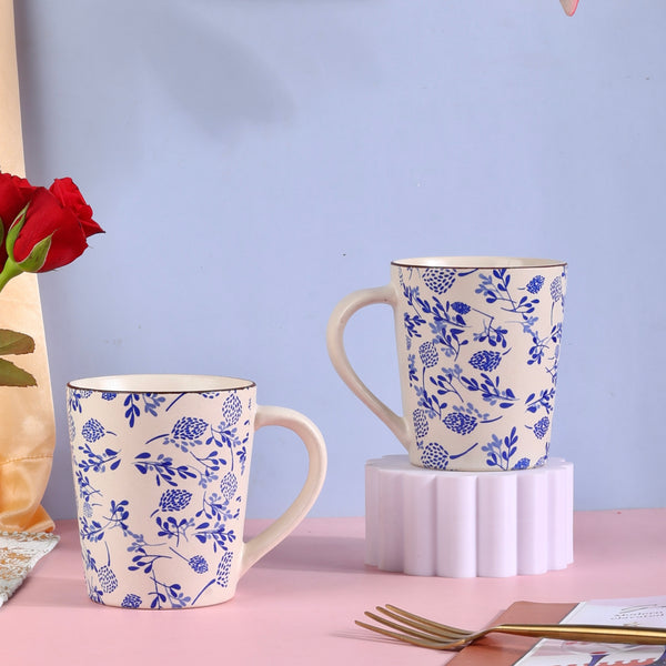 Phool Bagh Printed Stoneware Mugs - Muted Pastel and Indigo