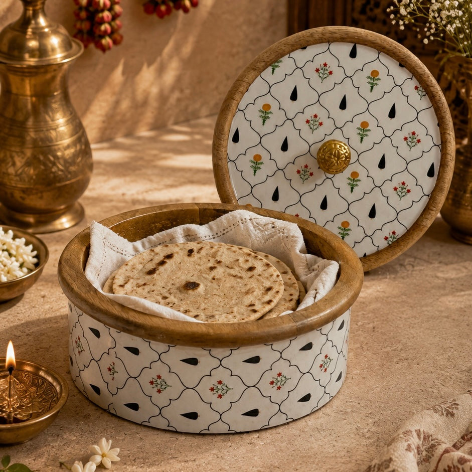 Large Handmade Wooden and Enamel Roti Box