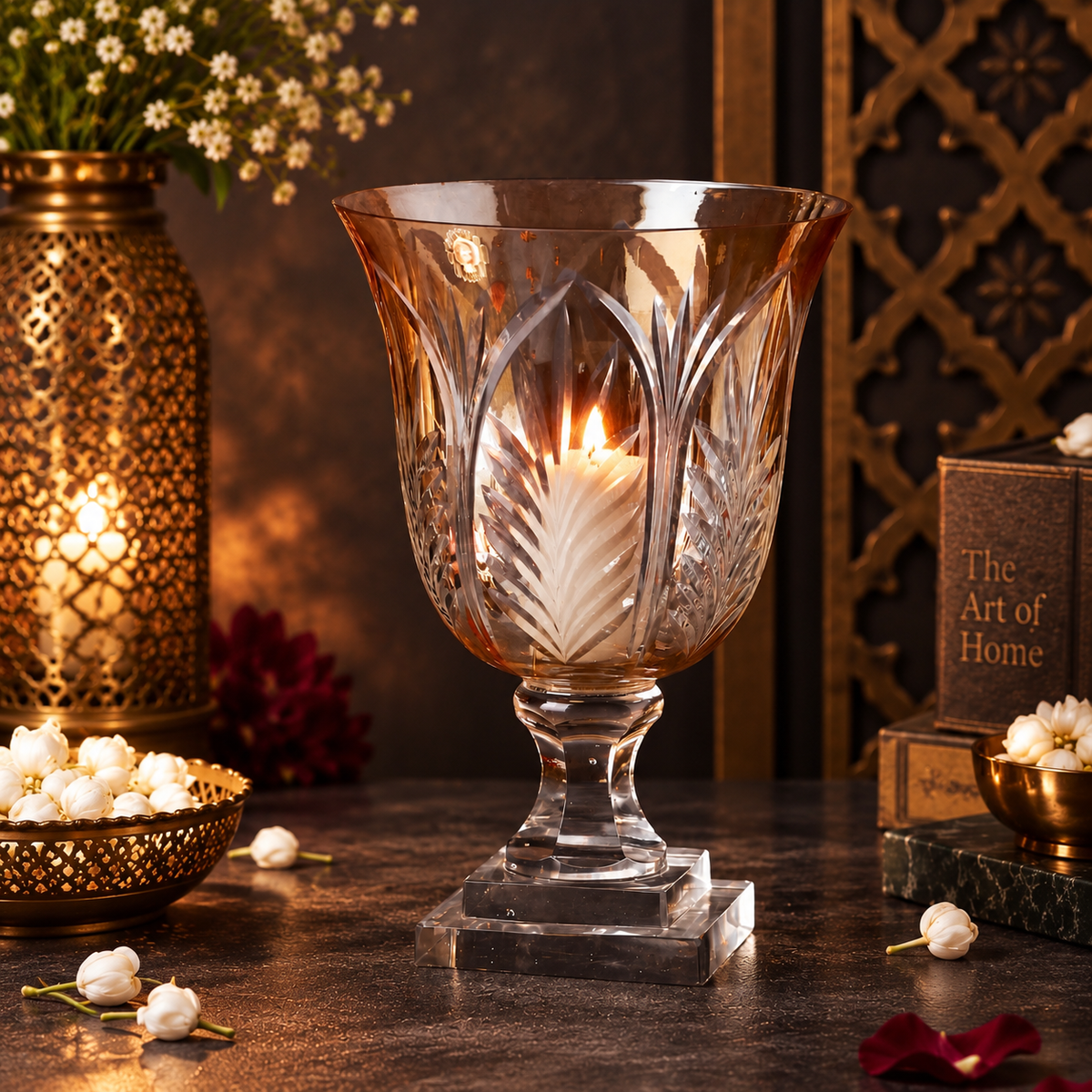 Crystal Cut Amber Glass Hurricane or Vase