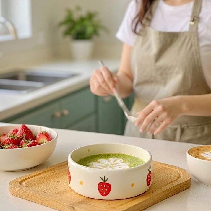 Strawberries and Daisies Handpainted Flat Bowl