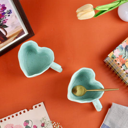 Handmade Pink and Teal Heart Shaped Mugs - Set of 2