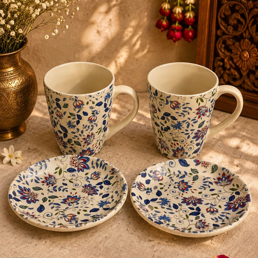 Vrindavan Mugs and Tea Plates Set - Pack of 4