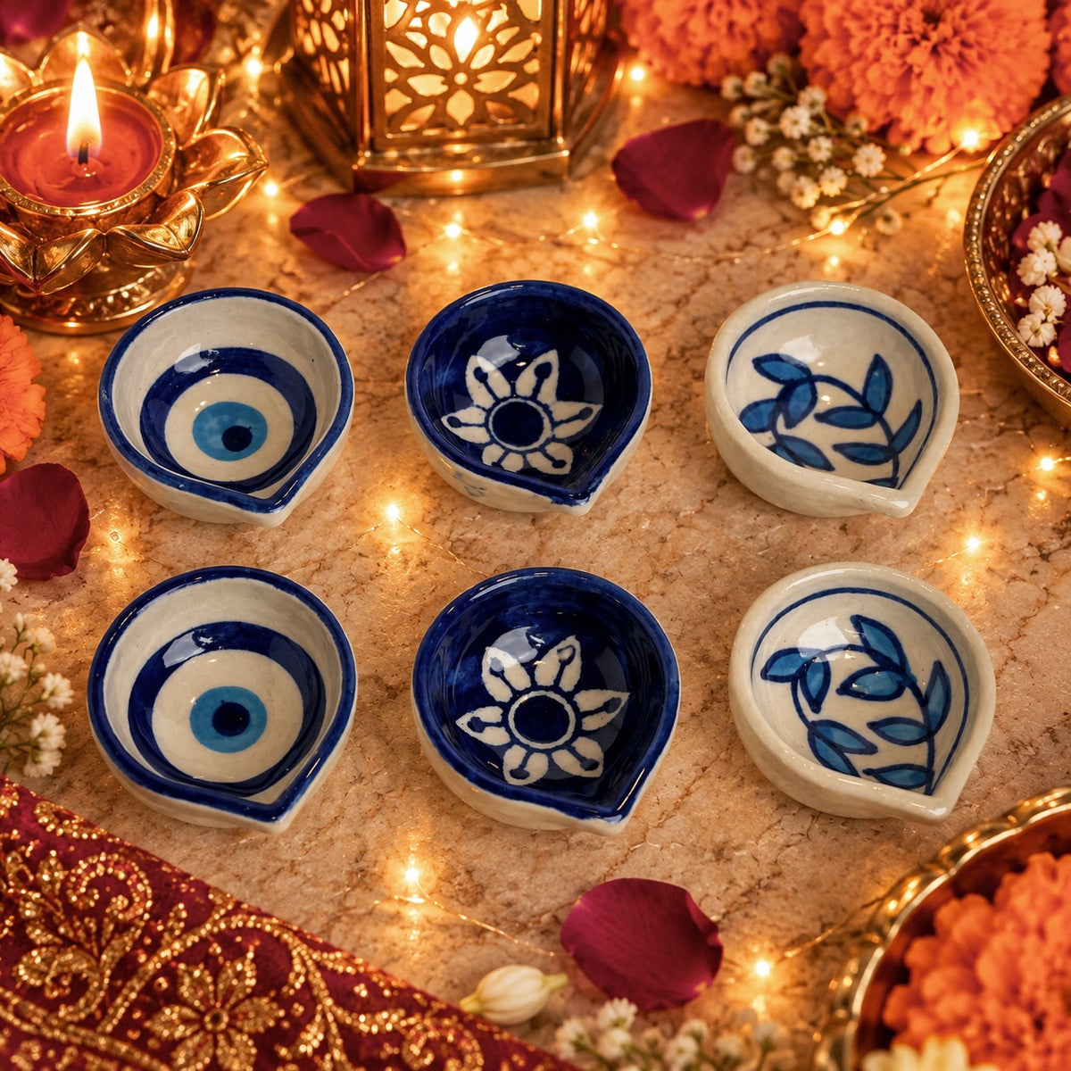 Handpainted Ceramic Diya - Pack of 6