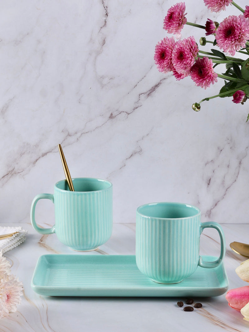 Bella Mint Ribbed Tray with 2 mugs