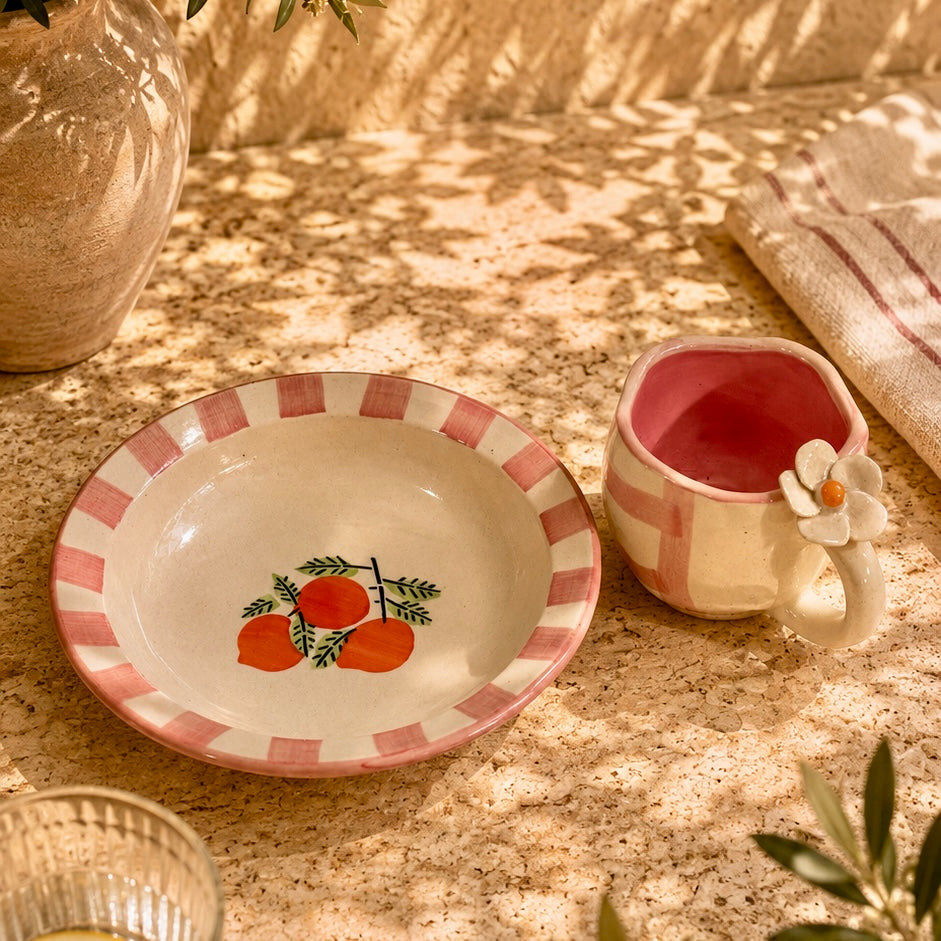 Citrus Stripes Positano Pasta Plate and  Pixie Flower Mug  - Set of 2