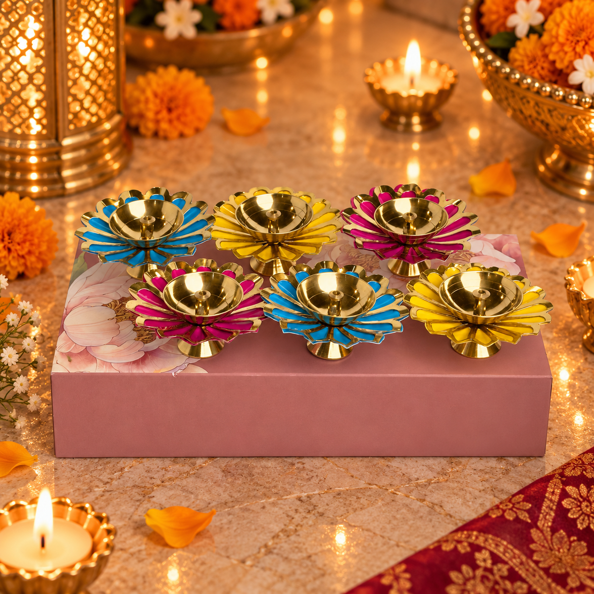 Colourful Brass Diyas - Set of 6 Gift Hamper