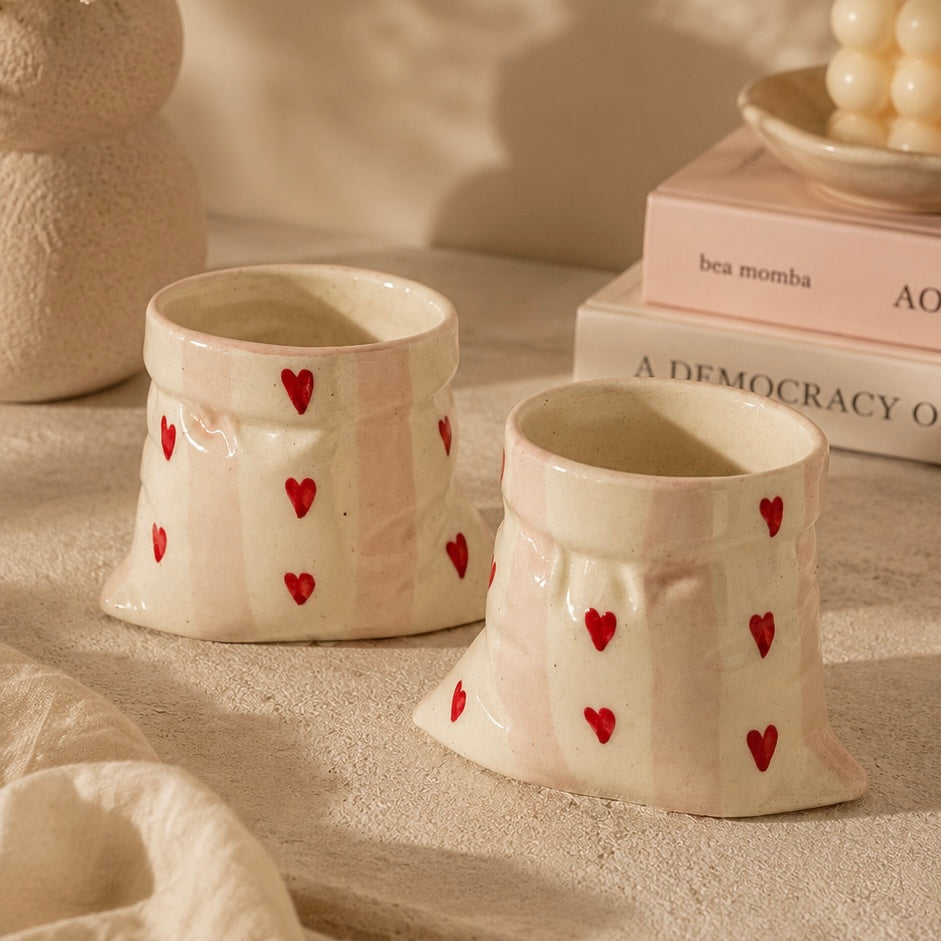 Handmade Pink Stripes Slouchy Handleless Mugs Small - Set of 2