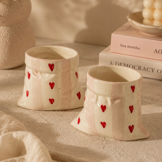 Handmade Pink Stripes Slouchy Handleless Mugs Small - Set of 2