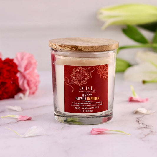 Happy Rakshabandhan Rose, Sandalwood & Patchouli Scented Candle