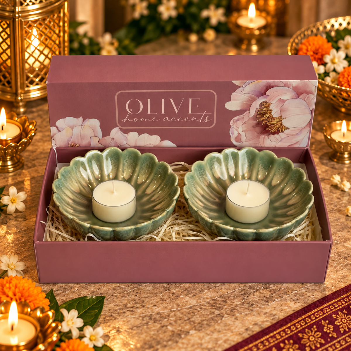 Luminous Celebrations Hamper - Set of 2 floral t light holders