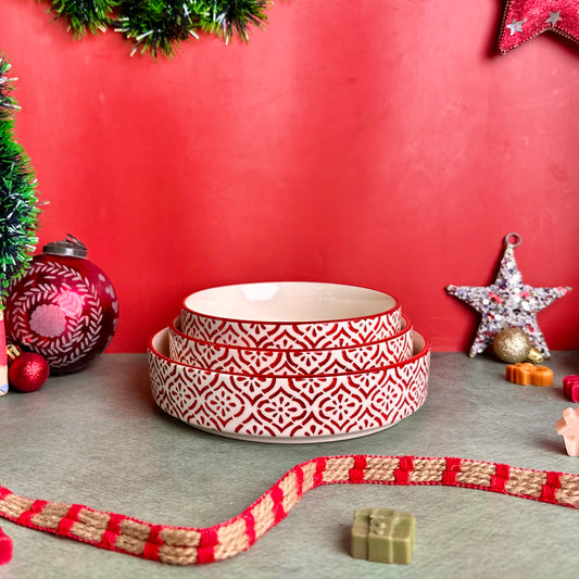 Red Lattice 3 Piece Nesting Flat Bowl Set