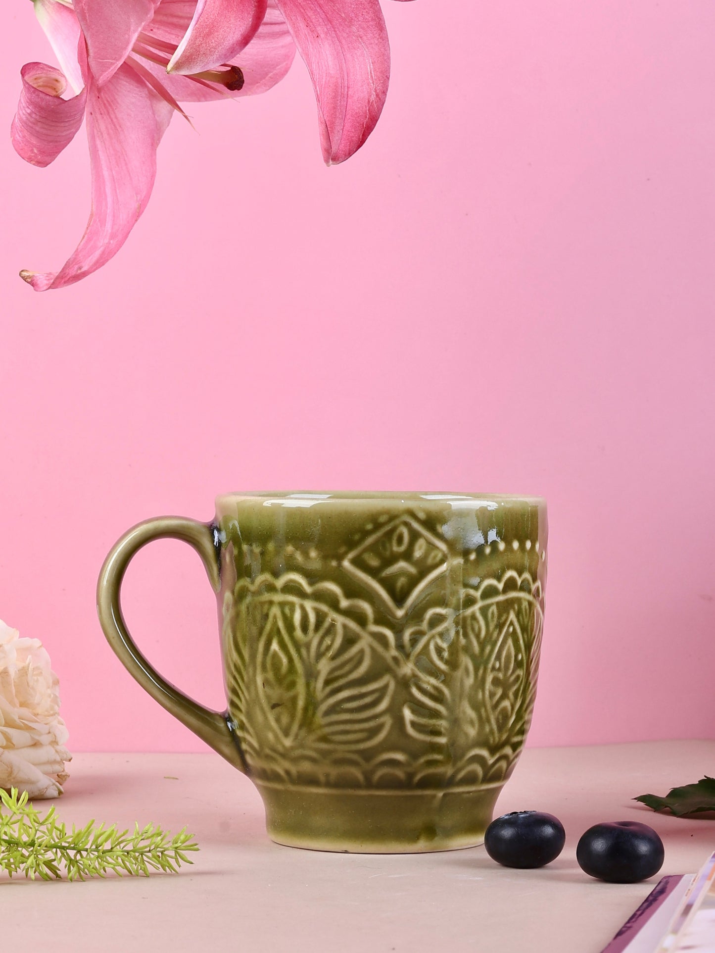 Studio Pottery Renee Embossed Mugs - Blue, Green, Pink