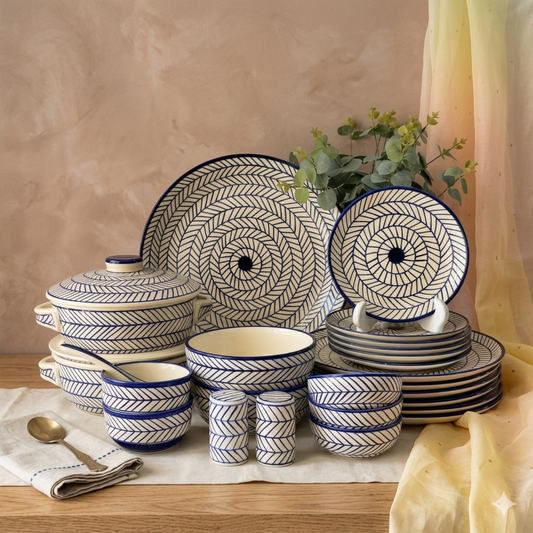 Blue Chevron Handpainted Dinner Set for 6 - 37 pieces