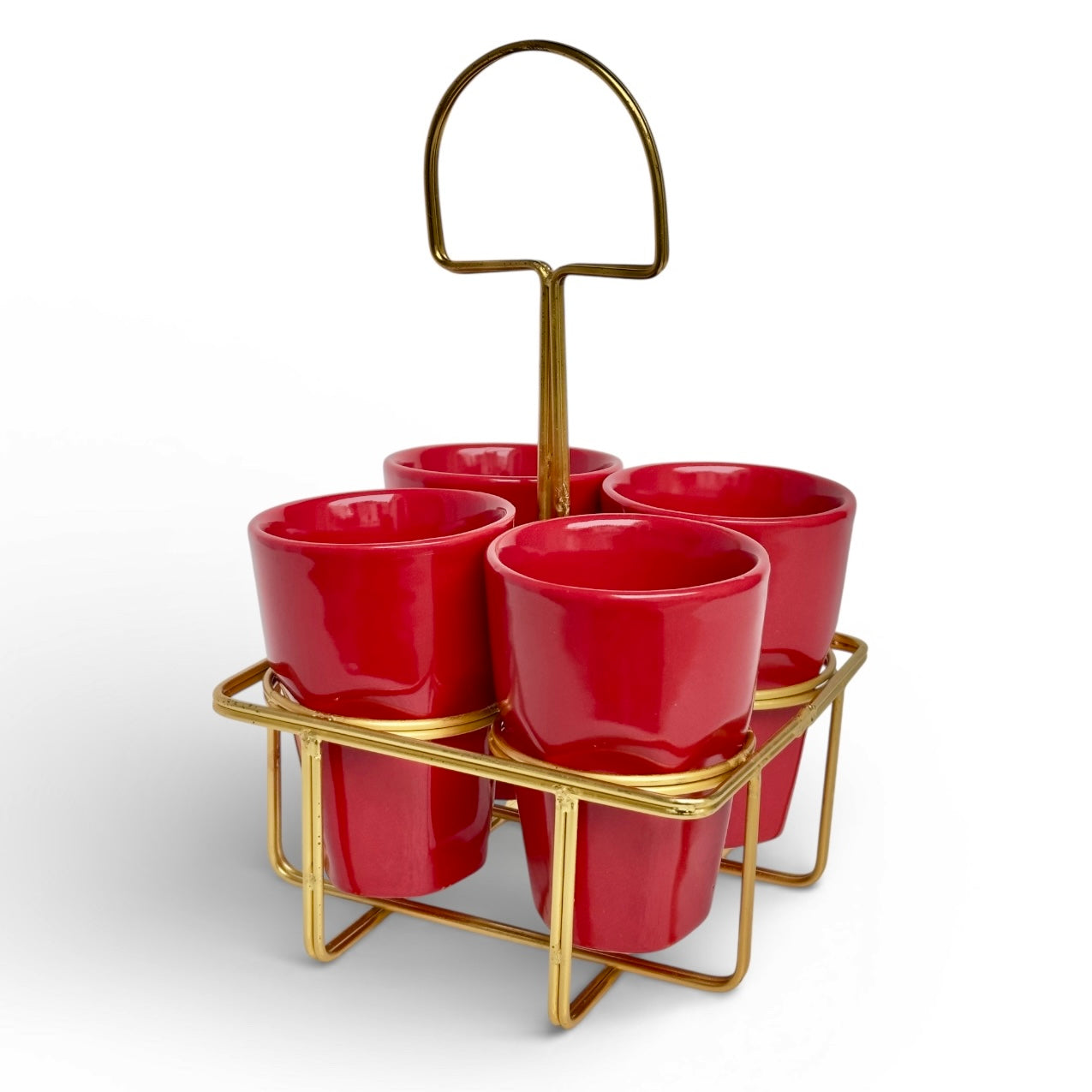 4 Red Chai Glasses with Golden Stand Set