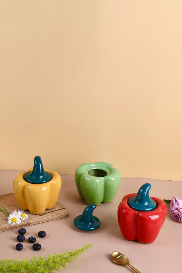 Ceramic Bell Pepper Jars - Yellow, Red & Green