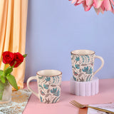 Phool Bagh Printed Stoneware Mugs - Muted Pastel and Indigo