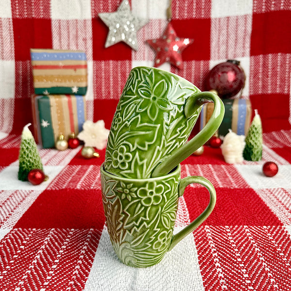 Holly Embossed Green Mugs - Set of 2