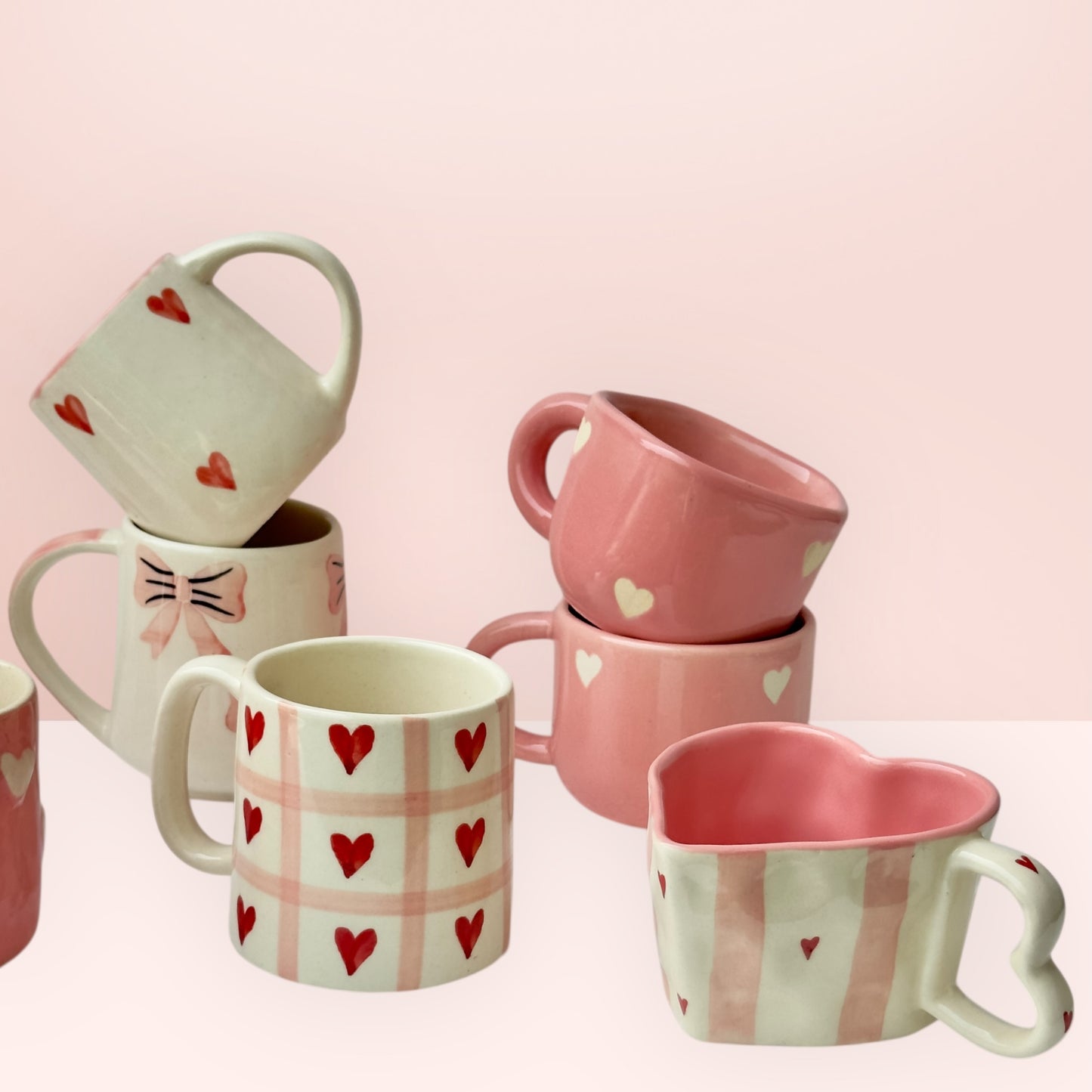Set of 10 Statement Pink Heart and Bow Mugs